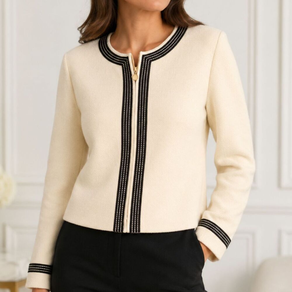 Vintage 1990s St. John Collection Black Trim Cream Knit Cardigan Jacket Size 10